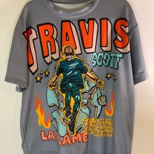 Gray Graphic Tee with Bold Travis Scott Orange and Teal Design